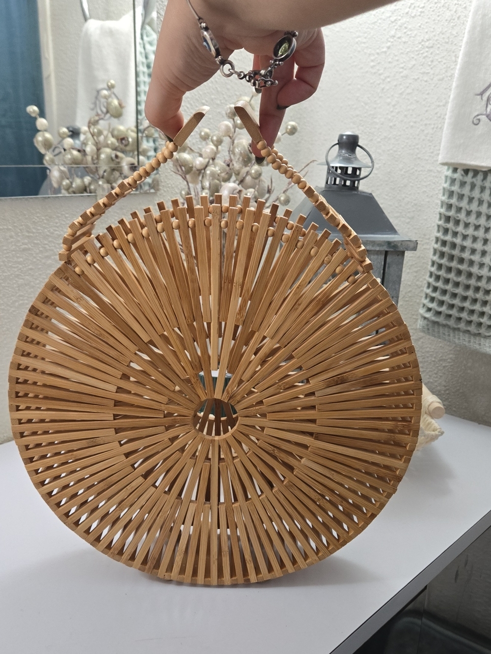 Handheld Round Bamboo Tote in Tan — Natural Summer Women’s Bag